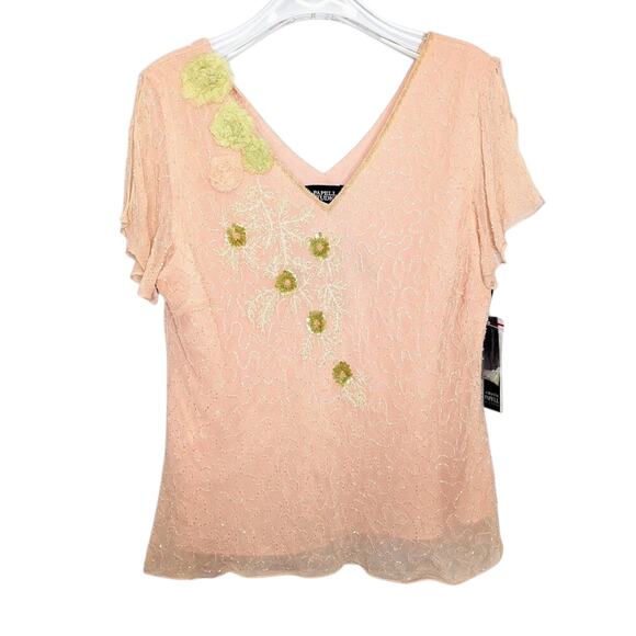 Adrianna Papell Studio Pink Short Sleeve Beaded Sequin V-Neck Evening Top 12 - Picture 1 of 13